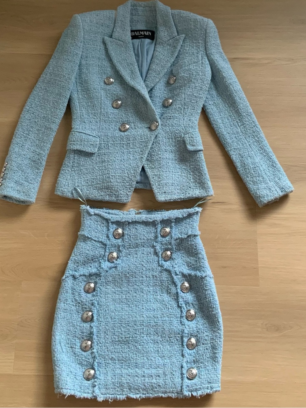 Balmain Light Blue Double-Breasted Tweed Blazer